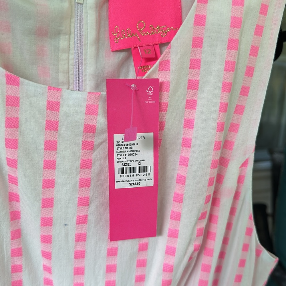 Lilly Pulitzer size 12 maybella midi dress pink isle gingham stripe jacquard - Picture 2 of 2